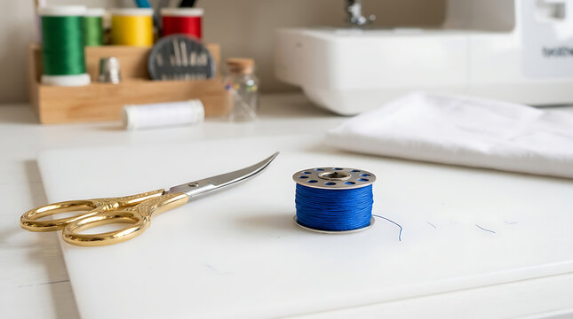 Golden Tailor Scissors and Blue Thread Bobbin on a Crafting Workspace Surface