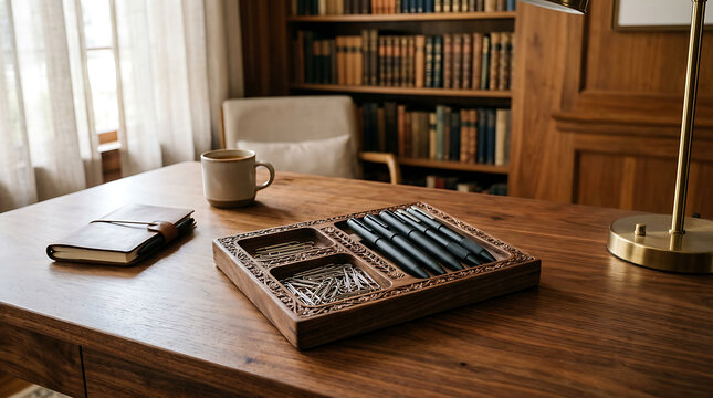 Intricate Wooden Desk Organizer Tray Holding Pens and Paper Clips on a Table