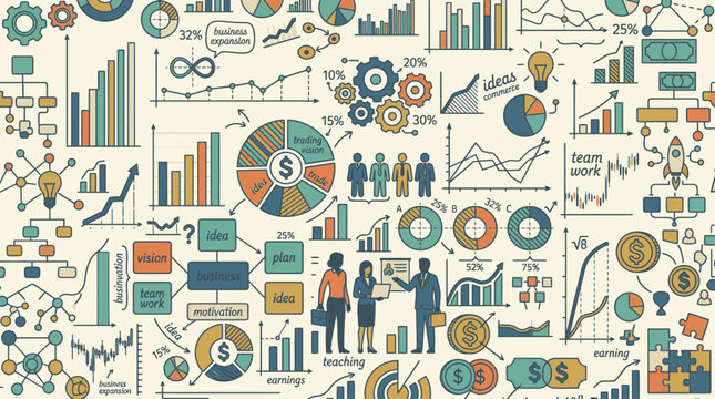 Detailliertes Infografik-Muster mit einer Vielzahl von Gesch&auml;ftselementen wie Diagrammen, Grafiken, Finanzsymbolen und stilisierten Personen, die Datenanalyse, Finanzplanung und Unternehmenswachstum