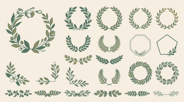 Eine Sammlung eleganter gr&uuml;ner Lorbeerkr&auml;nze, floraler Rahmen und dekorativer Bl&auml;tterranken, ideal f&uuml;r Designprojekte und festliche Anl&auml;sse.