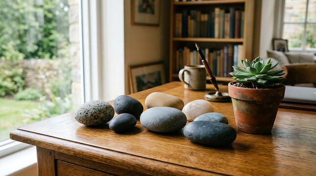 Smooth river stones arranged as paperweights on a wooden desk with a bookshelf background