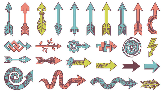 Conjunto de flechas decorativas dibujadas a mano con diversos estilos, formas geom&eacute;tricas, patrones ornamentales y colores vibrantes sobre un fondo blanco aislado para dise&ntilde;o gr&aacute;fico.