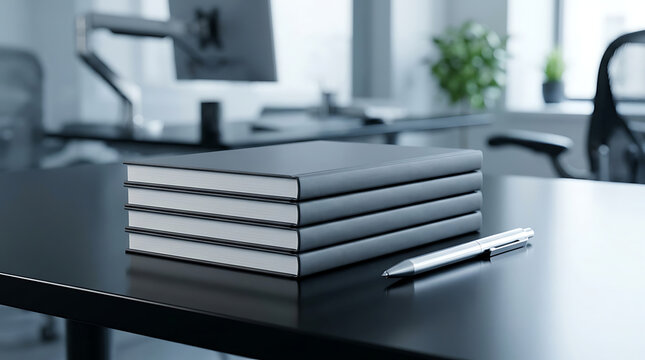 Stack of dark grey notebooks with a silver pen on a modern office desk