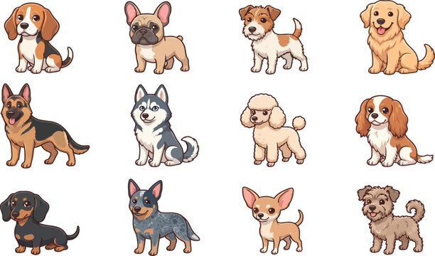 Cute Dog Breed Cartoon Vector Collection Featuring Popular Puppy Characters Isolated on White Background for Pet Clipart and Animal Design