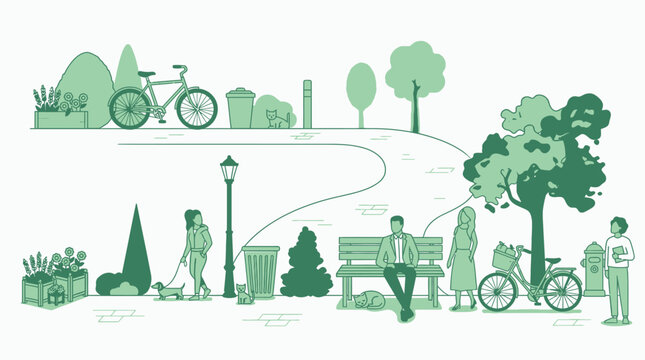 Ilustraci&oacute;n vectorial de estilo minimalista que muestra una escena cotidiana en un parque urbano con personas paseando perros, montando en bicicleta y relaj&aacute;ndose en bancos bajo los &aacute;rboles.