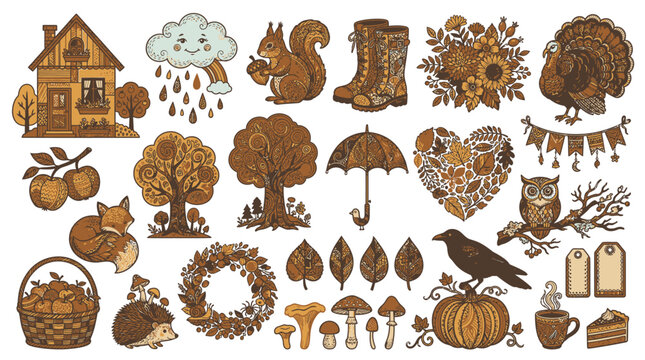 Eine Sammlung handgezeichneter Herbst-Illustrationen mit Eichh&ouml;rnchen, Eulen, K&uuml;rbissen, Bl&auml;ttern, Pilzen und gem&uuml;tlichen Waldmotiven im Vintage-Stil auf wei&szlig;em Hintergrund
