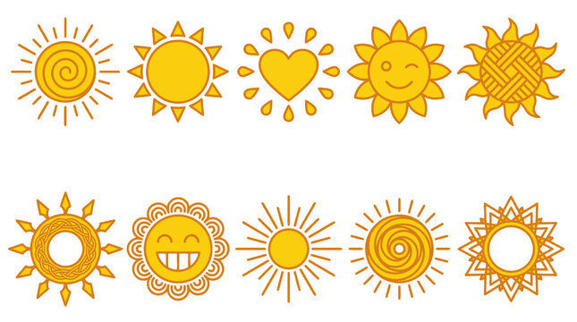 Conjunto de diez iconos de sol estilizados con diferentes dise&ntilde;os geom&eacute;tricos, formas de coraz&oacute;n, expresiones faciales y patrones decorativos en color amarillo sobre fondo blanco.