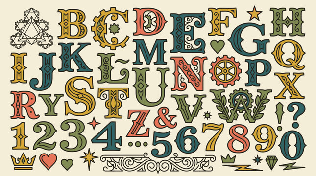 Conjunto completo de letras del alfabeto, n&uacute;meros y s&iacute;mbolos decorativos con un estilo tipogr&aacute;fico vintage y ornamentado sobre un fondo de color crema claro para dise&ntilde;o gr&aacute;fico.
