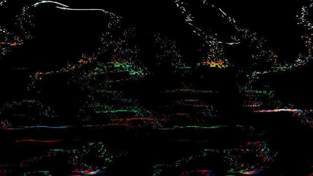 High-speed digital glitch effect with colorful abstract particle lines sweeping across a dark screen. Ideal for energetic music videos, gaming intros, and fast-paced tech transitions.