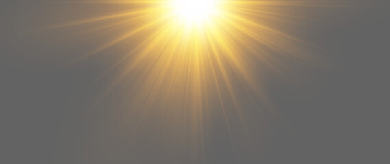 Top centered golden sun flare with bright descending light rays for summer advertising designs, natural photo overlays and horizon backgrounds © pavel