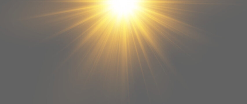 Top centered golden sun flare with bright descending light rays for summer advertising designs, natural photo overlays and horizon backgrounds