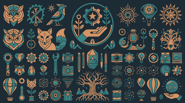 Eine Sammlung von stilisierten Vektor-Symbolen und Illustrationen mit Natur-, Industrie- und mystischen Elementen auf dunklem Hintergrund.