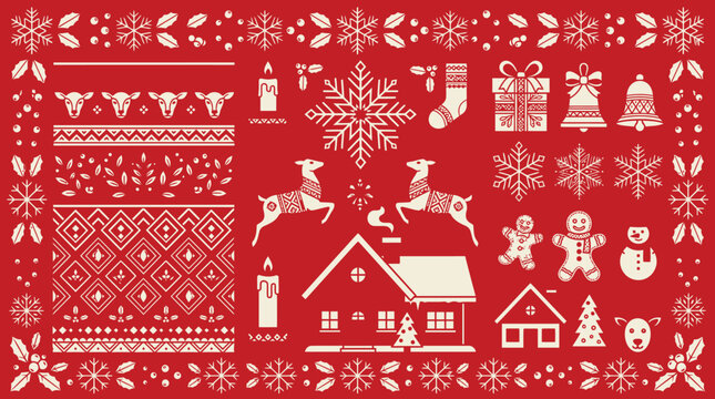 Eine Sammlung von weihnachtlichen, gestrickten Mustern und Symbolen auf rotem Hintergrund, ideal f&uuml;r Dekorationen und Designs.