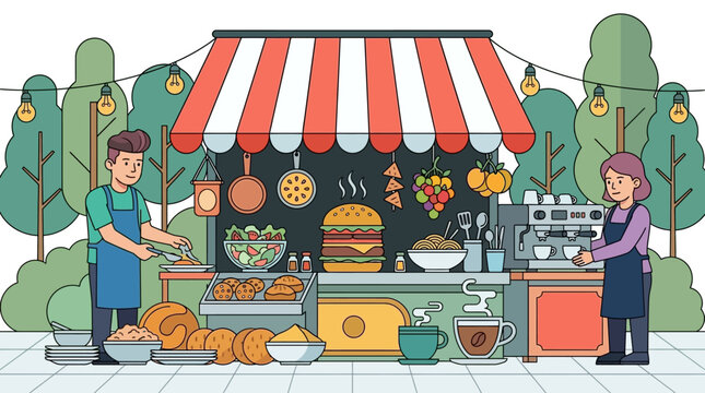 Ilustraci&oacute;n plana de un puesto de comida callejera con vendedores preparando hamburguesas, ensaladas y caf&eacute; en un mercado al aire libre con un toldo a rayas rojas y blancas