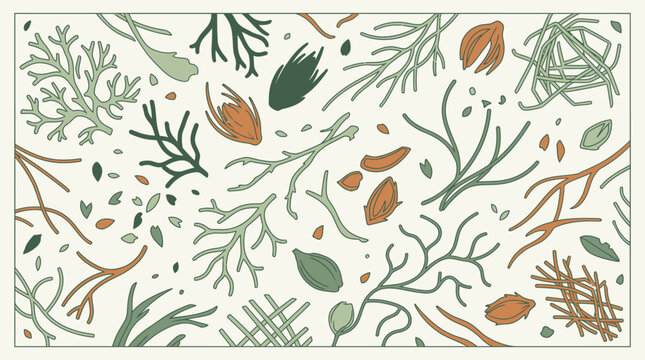 Patr&oacute;n sin costuras con elementos bot&aacute;nicos ilustrados a mano, incluyendo ramas, hojas, semillas y ramitas en tonos tierra sobre un fondo de color crema suave y elegante
