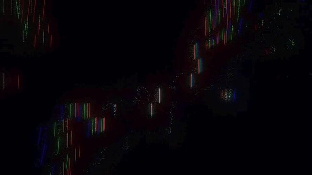 Vertical multicolored neon glitch lines cascading downwards on a solid black background. Perfect for matrix-style code drops, retro arcade gaming visuals, and sci-fi error screens.