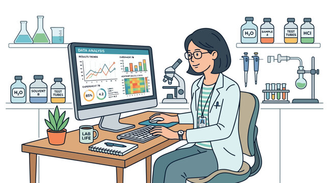 Female Scientist Doing Data Analysis in Laboratory Flat Design Vector Illustration