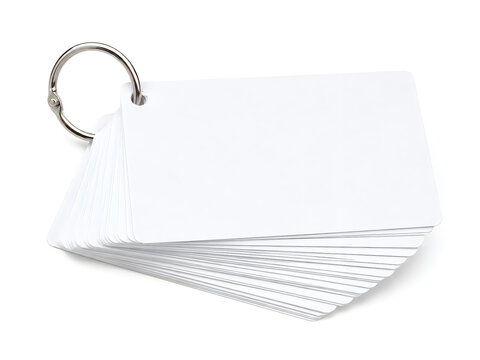 Stack of blank index cards on a metal ring. White flashcards for notes. Educational study material.