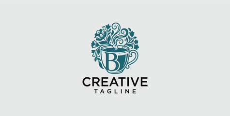 Creative Coffee Cup Logo Design with Elegant Floral Steam and Letter B Initial © micky_adb