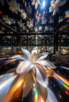 Fiori bianchi in un tunnel a specchio infinito con luci stellari e rifrazioni spettrali
