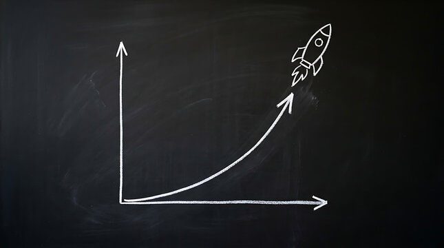 Hand Drawn Rocket Ship and Exponential Growth Graph on a Blackboard Representing Business Success