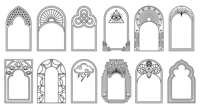 Collection of decorative architectural frames in art deco and gothic styles with intricate patterns and symbolism