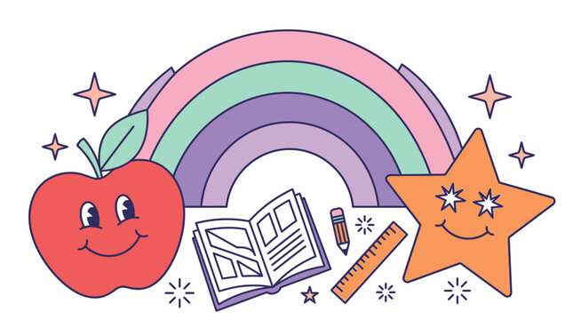 Illustrazione vettoriale in stile retr&ograve; con una mela sorridente, una stella felice, un arcobaleno pastello, un libro aperto, una matita e un righello su sfondo bianco isolato.