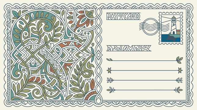 Cartolina vintage illustrata con motivi floreali ornamentali, francobollo con faro e linee per indirizzo, design grafico in stile retr&ograve; per corrispondenza o inviti eleganti.