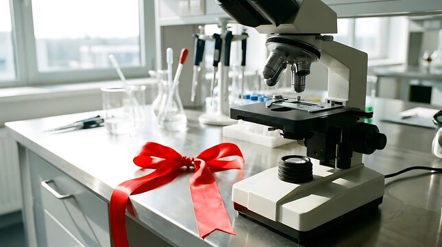 Scientific laboratory microscope decorated with red gift ribbon