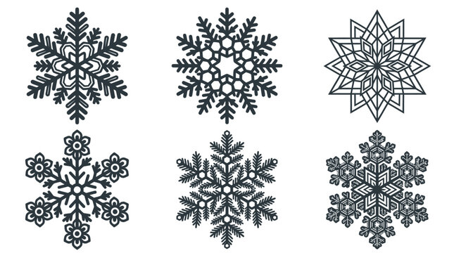 Set di sei icone di fiocchi di neve stilizzati con disegni geometrici e floreali unici, perfetti per decorazioni invernali, grafiche natalizie e progetti di design stagionale creativo.