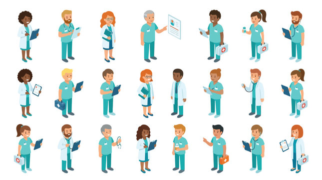 Isometric medical staff vector characters set, diverse doctors and nurses in teal scrubs and lab coats holding stethoscopes and clipboards, flat design icons for healthcare presentations