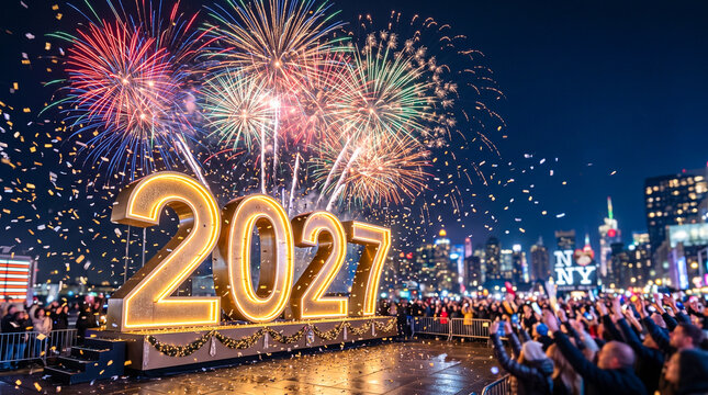 Celebraci&oacute;n del A&ntilde;o Nuevo 2027 con fuegos artificiales, confeti y n&uacute;meros dorados en una escena elegante.