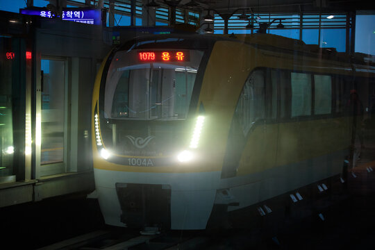 The Incheon Airport Maglev train at a station platform at dusk on November 2, 2017 in Incheon, South Korea.