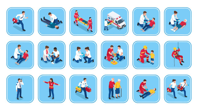Isometric emergency medical services and first aid icon set featuring paramedics, CPR, rescue operations, ambulance, and patient care vectors for presentations and graphic design
