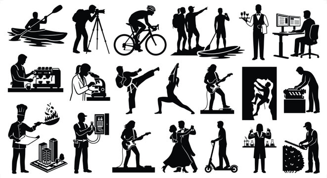 Diverse professionals engaged in various occupations and hobbies against a white background
