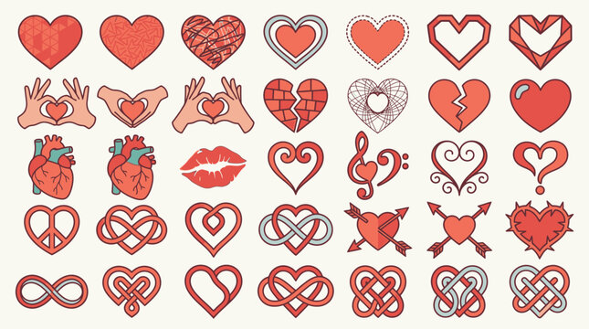 Set di icone vettoriali con cuori rossi in vari stili artistici, inclusi simboli d'amore, forme geometriche, mani che formano un cuore, anatomia umana e decorazioni romantiche per San Valentino.