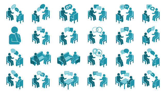 Business communication and psychotherapy icon set, blue vector symbols of counseling, coaching, job interview, and dialogue between two people for presentation slides and web design