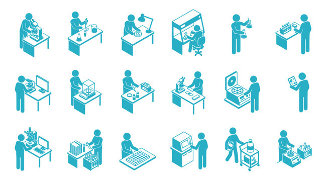 Isometric laboratory icon set with scientists and researchers working with lab equipment like microscopes and pipettes for science presentation materials and infographic design projects