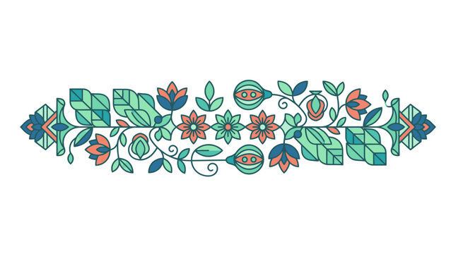 Elegante elemento decorativo floreale con motivi geometrici e foglie stilizzate in uno stile grafico moderno e simmetrico su sfondo bianco, ideale per inviti e design di cancelleria.