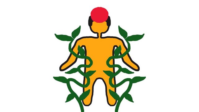 A person in meditation mode, or their soul, is in such a state. A plant with leaves grows toward the character, and then a crimson sun shines.