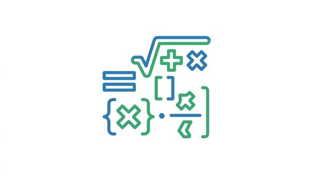 Colorful mathematical symbols and equations outline icons.