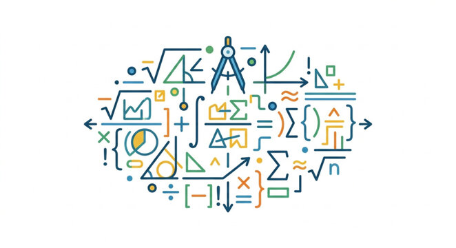 Colorful mathematical symbols and formulas illustration.