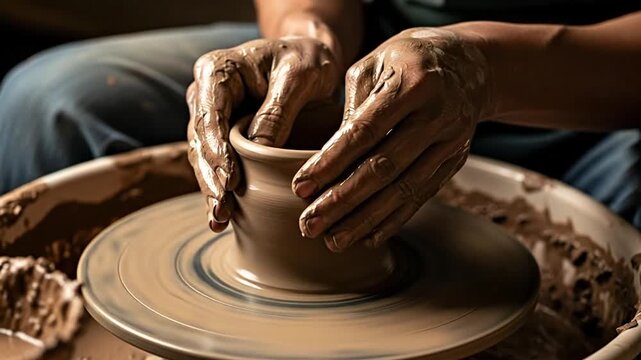 Pottery Making Hands Shaping Clay on Wheel in Studio