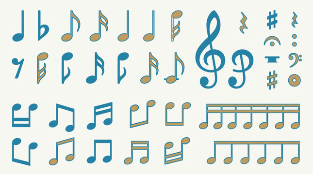 Una collezione di simboli musicali, note, chiavi e simboli di alterazione disposti in modo ordinato su uno sfondo chiaro.