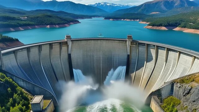 巨大なアーチ式ダムの中央から白い放流水が一斉に落ち青い湖と山並みに壮麗な景観を作る