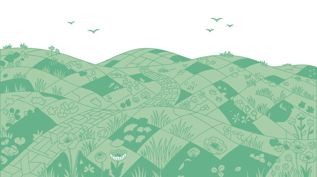 Illustrazione vettoriale stilizzata di un paesaggio collinare verde con campi coltivati, fiori, piante e uccelli che volano nel cielo, ideale per sfondi naturali e design ecologici.