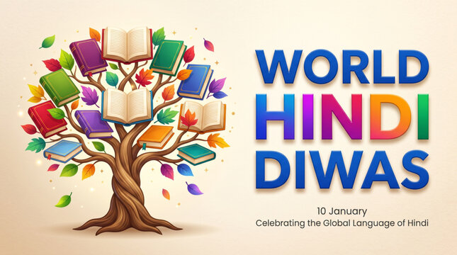 World Hindi Day Book Tree with Colorful Typography Illustration for Greeting Banner and Poster Design