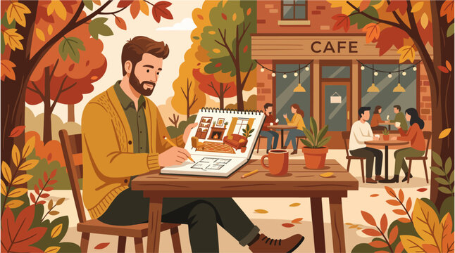 Young architect sketching autumn-inspired interior designs while sitting at an outdoor caf&eacute; surrounded by early fall foliage, modern 2D flat vector illustration