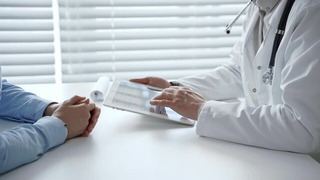 Doctor reviews digital health records with patient on tablet, explaining diagnosis and treatment options to support informed decisions and clear communication in a modern clinic setting