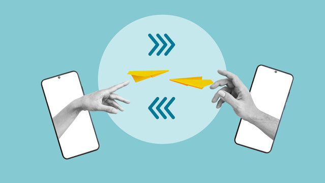 Mobile File Sharing and Instant Messaging Concept, Digital Communication, Wireless Data Transfer, Cross Platform Collaboration, Online Connection and Smartphone Technology